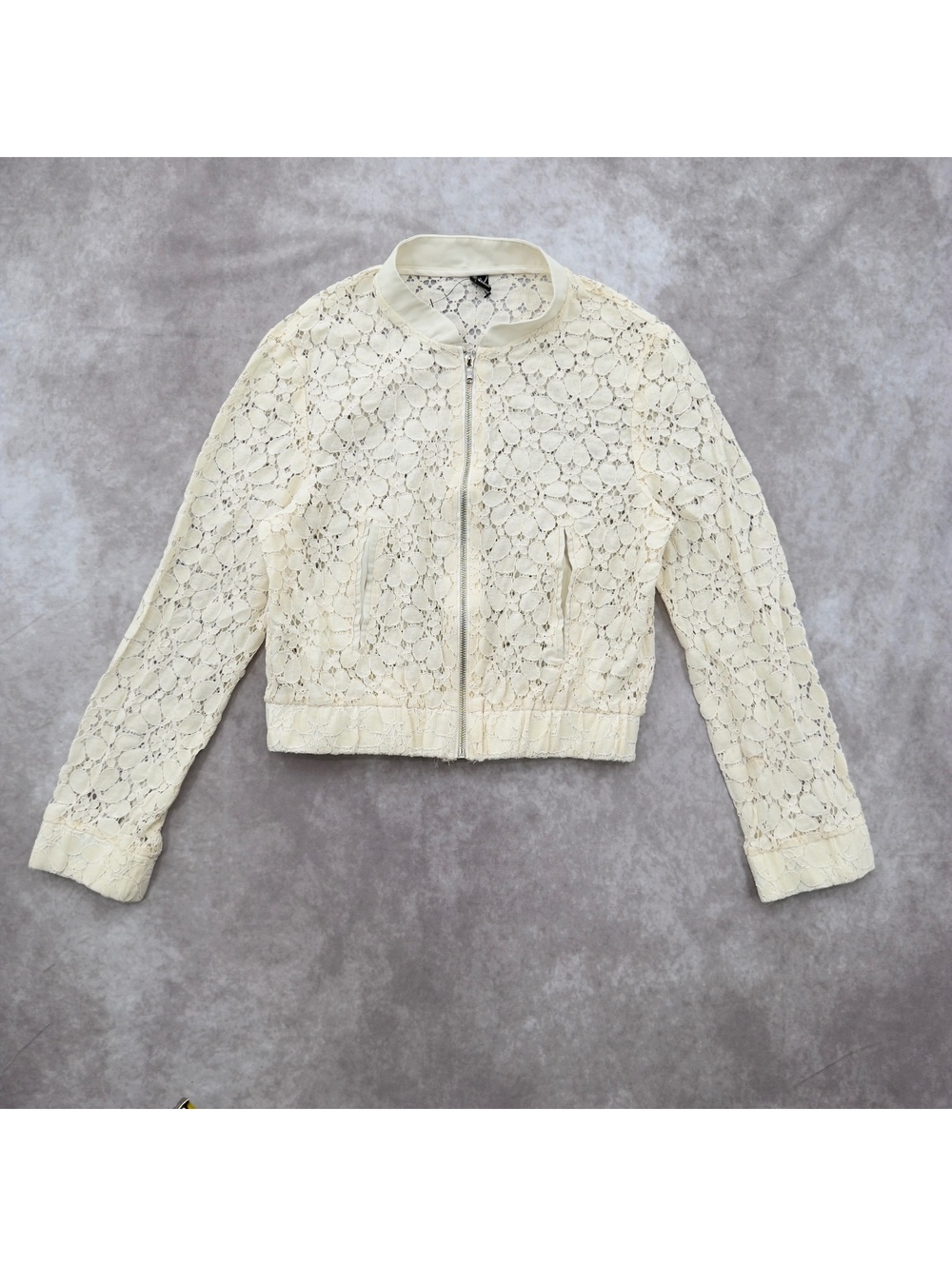 Windsor Off White Cream Sheer Floral Lace Zip Up Bomber Jacket Size M